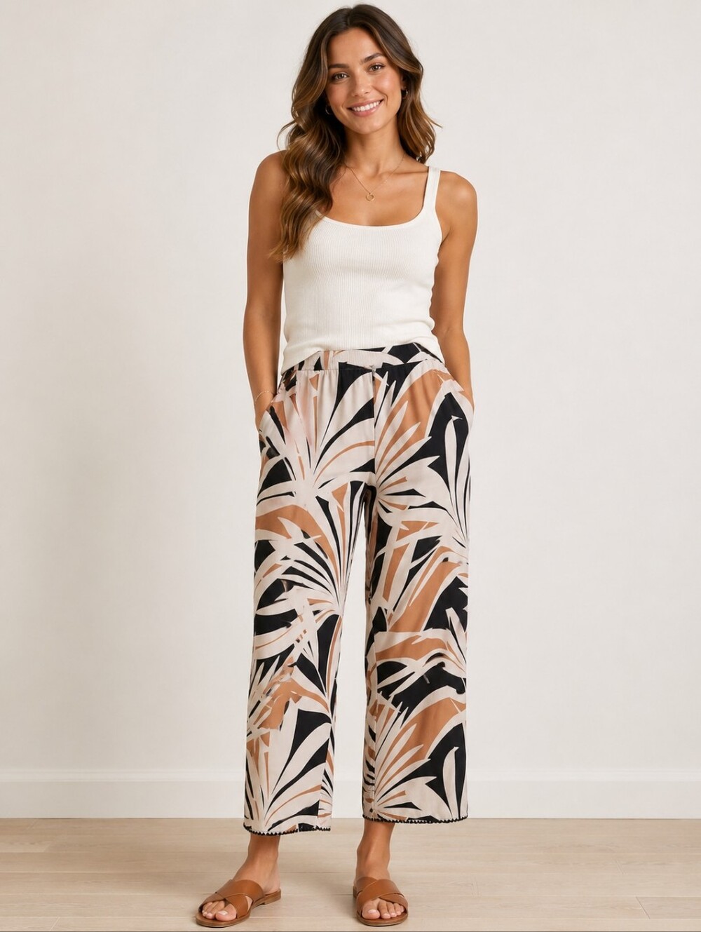 Tribal 1X Tropical Print Pull-On Cropped Pants Wide Leg Ecovero Rayon